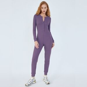 Aritzia TNA Organic Cotton Waffle Knit Henley Jumpsuit
